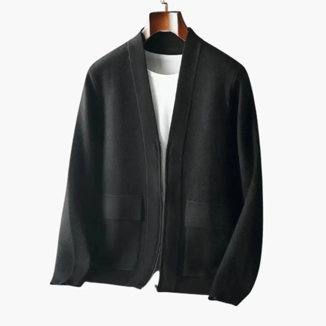 Men's Cardigan by Wilfred Smith, black knitted open-front with long sleeves and patch pockets