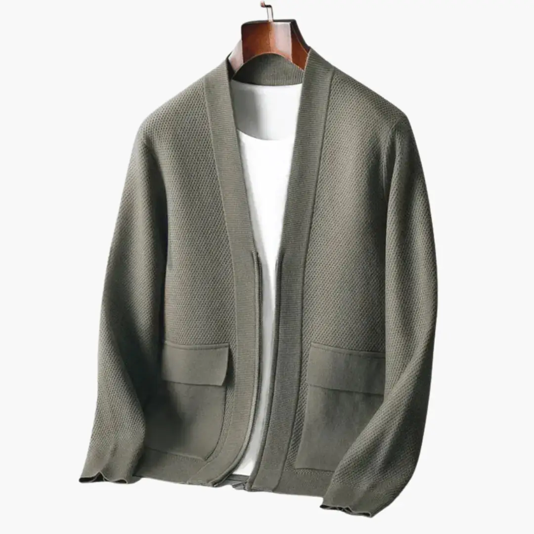 Men’s Open Front Cardigan with Long Sleeves and Patch Pockets in olive gray knitted fabric