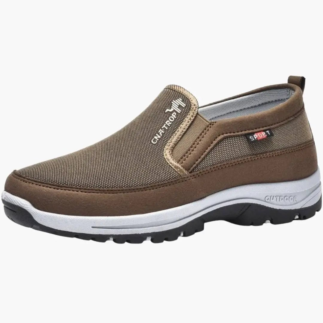 Orthopedic men's athletic shoe, brown slip-on with mesh upper and air-cushioned midsole