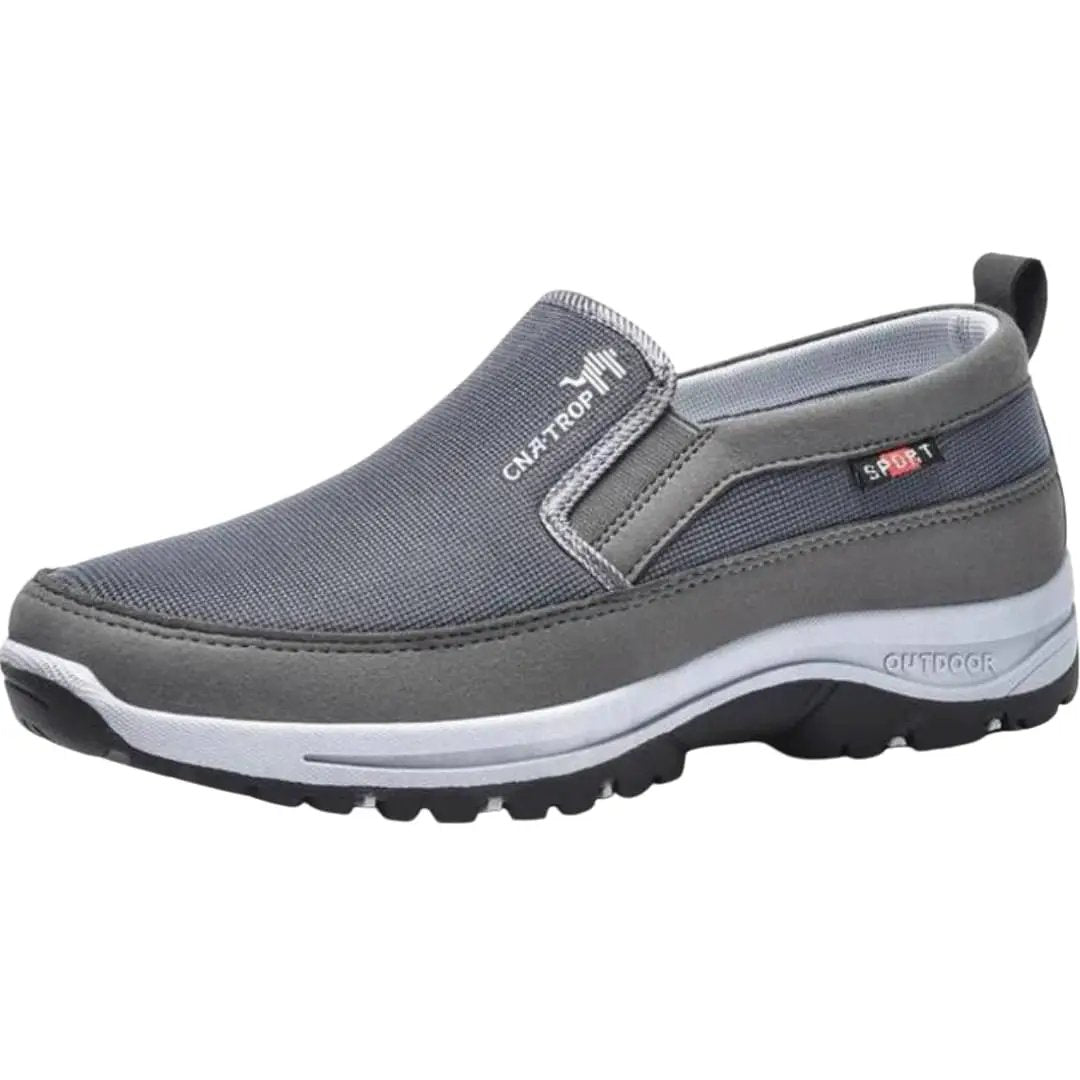 Men's orthopedic athletic shoe by Wilfred Smith in gray fabric with air cushion and heel pull tab
