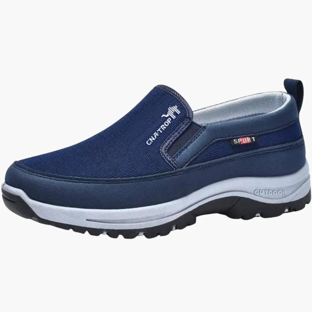 Blue men's orthopedic athletic slip-on shoe with air-cushioned sole.