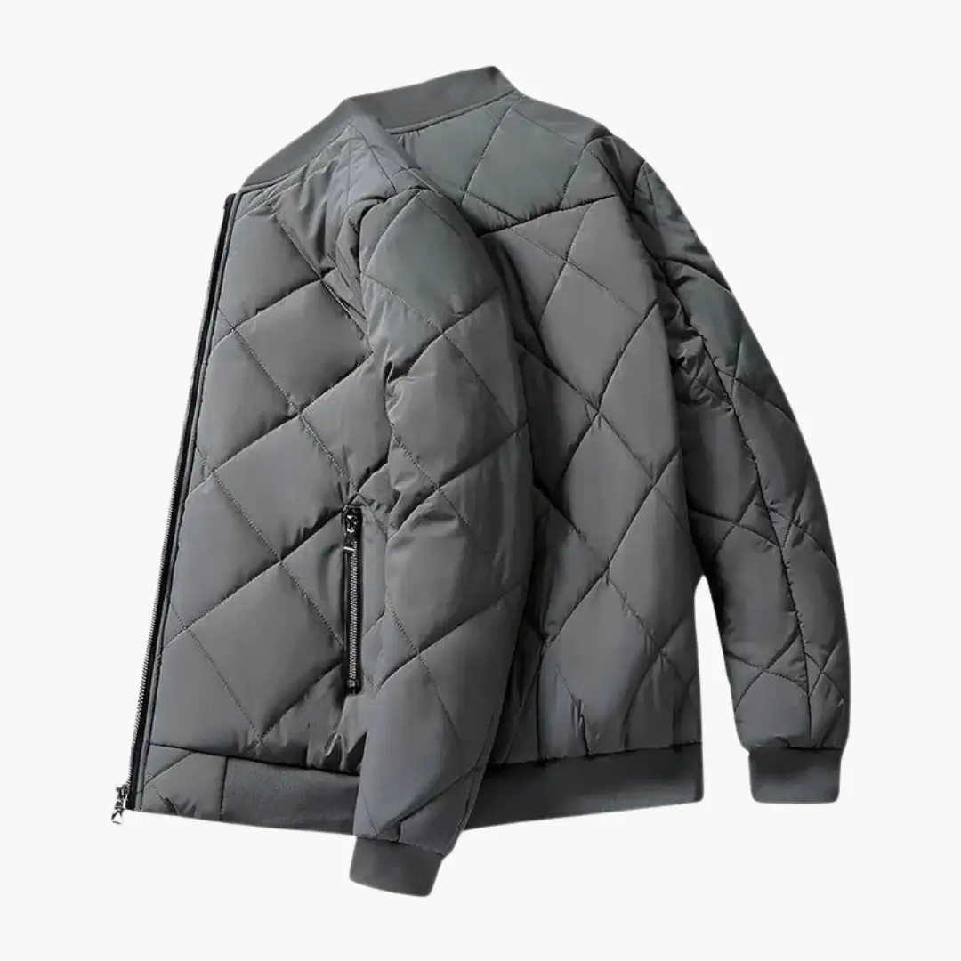 Men's padded quilted jacket in gray with fleece lining and zip pockets