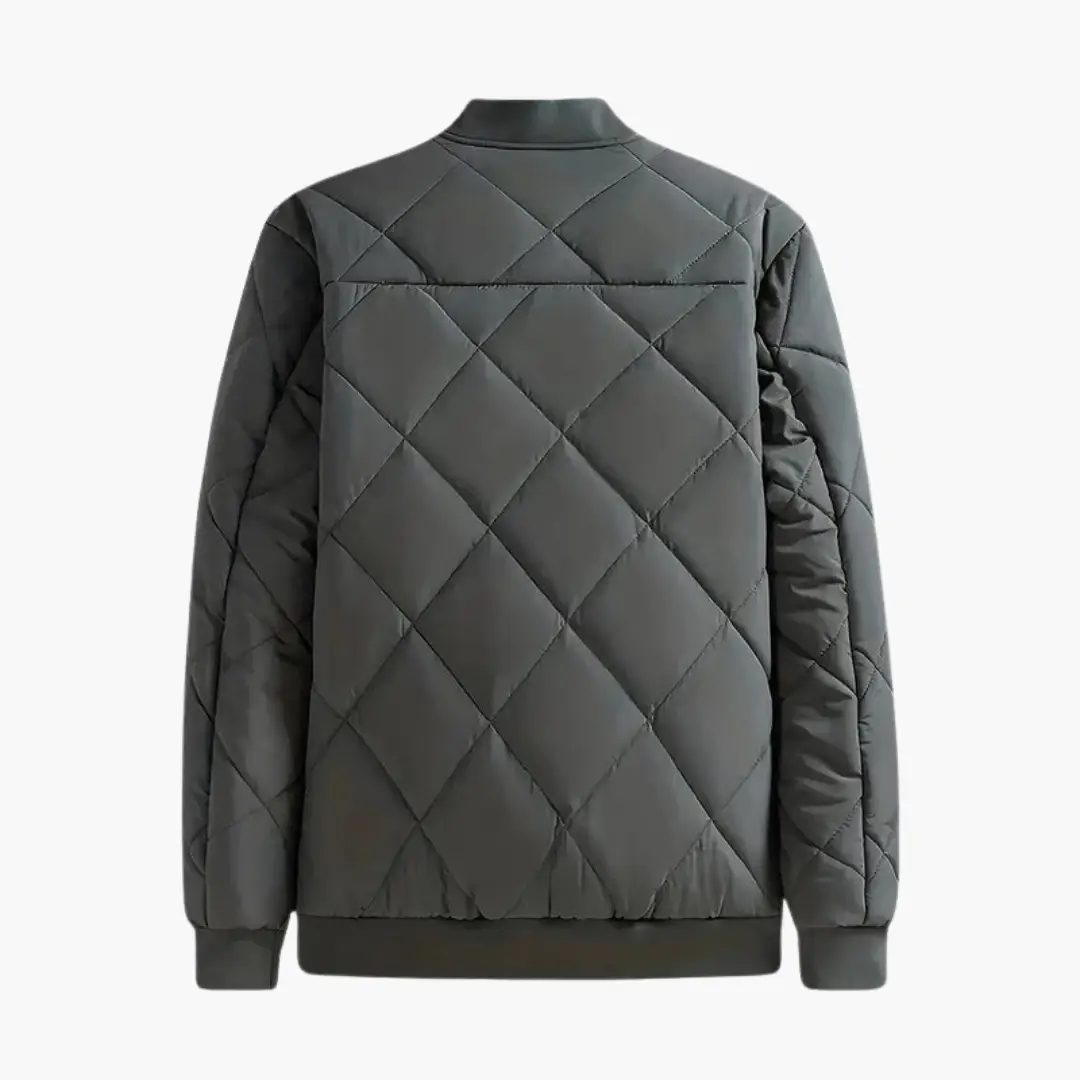 Men’s padded quilted jacket in dark gray with diamond stitching, Wilfred Smith brand, ribbed cuffs