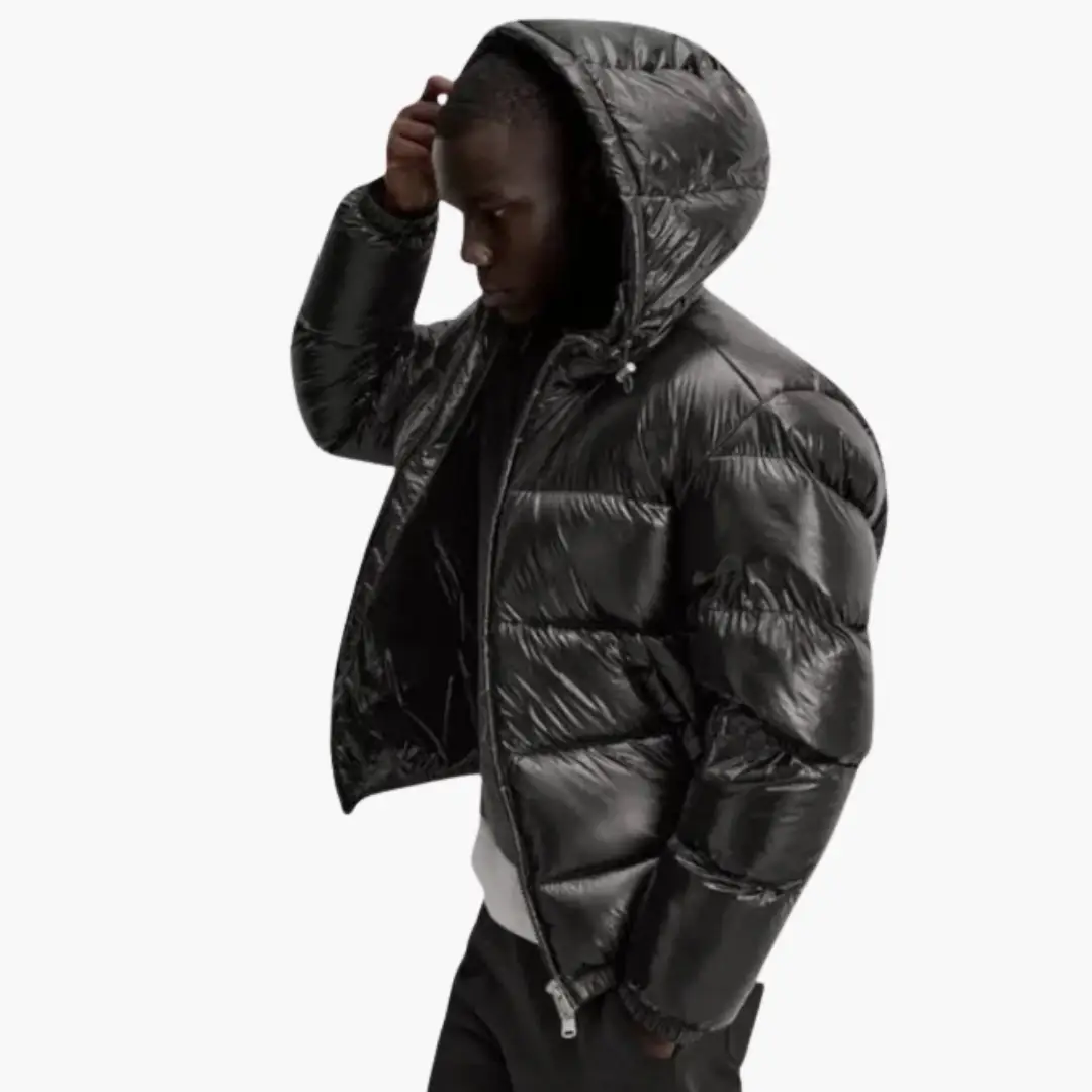 Men’s Quilted Puffer Jacket with Hood, black, front zipper and padded lining