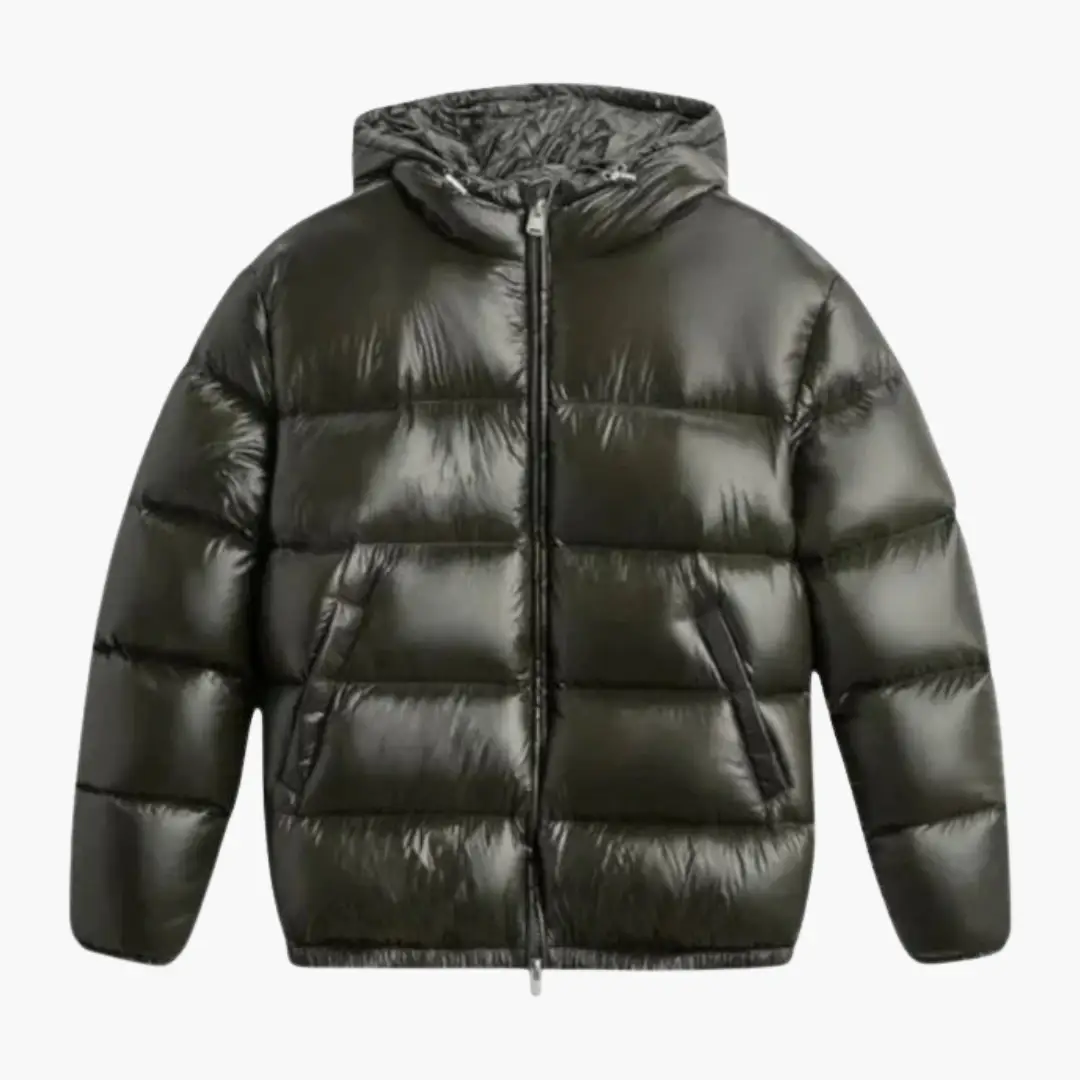 Men's black quilted puffer jacket with hood and front zipper