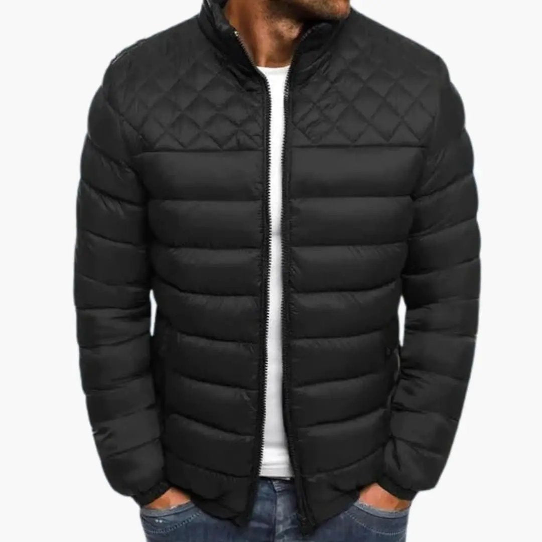 Men’s black quilted puffer jacket with hood, front-zip