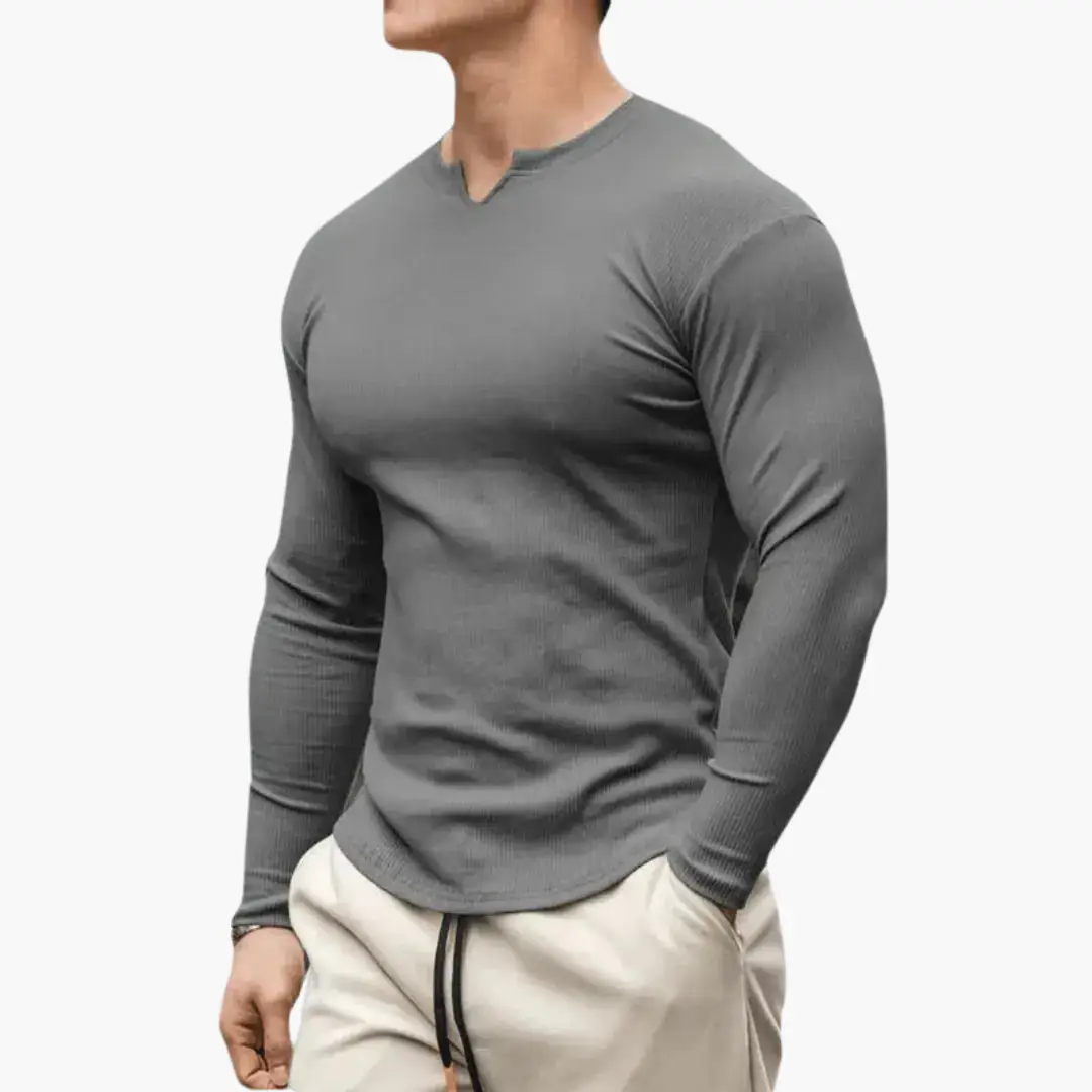 Men’s Sweater with ribbed texture, gray long-sleeve, slim-fit knit