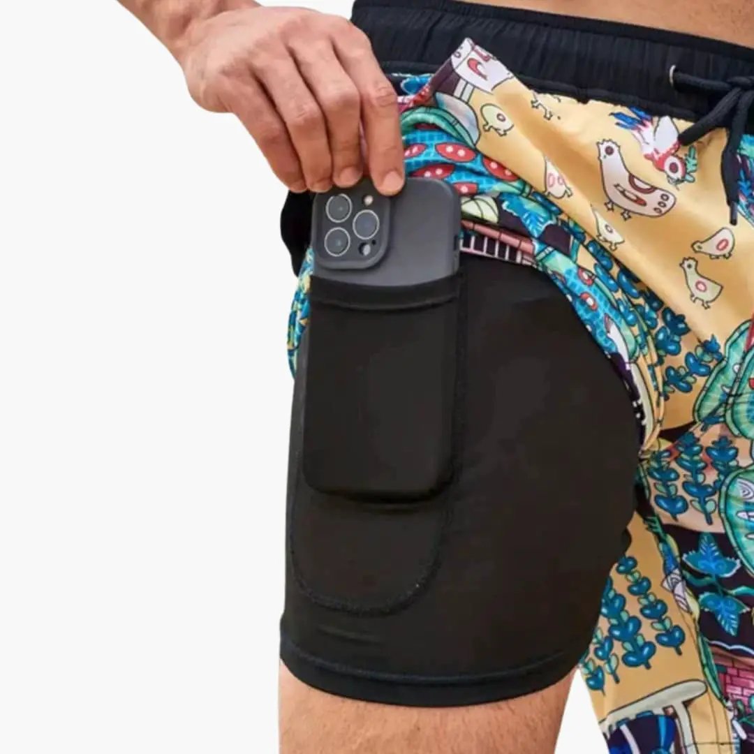Men’s swim trunks by Wilfred Smith with drawstring waist and side pockets