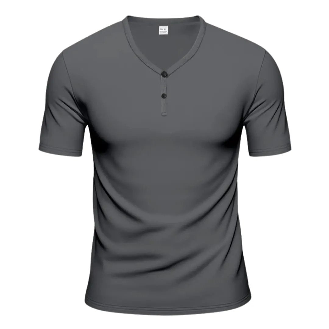Men’s textured Henley short-sleeve T-shirt in charcoal gray with button placket by Wilfred Smith