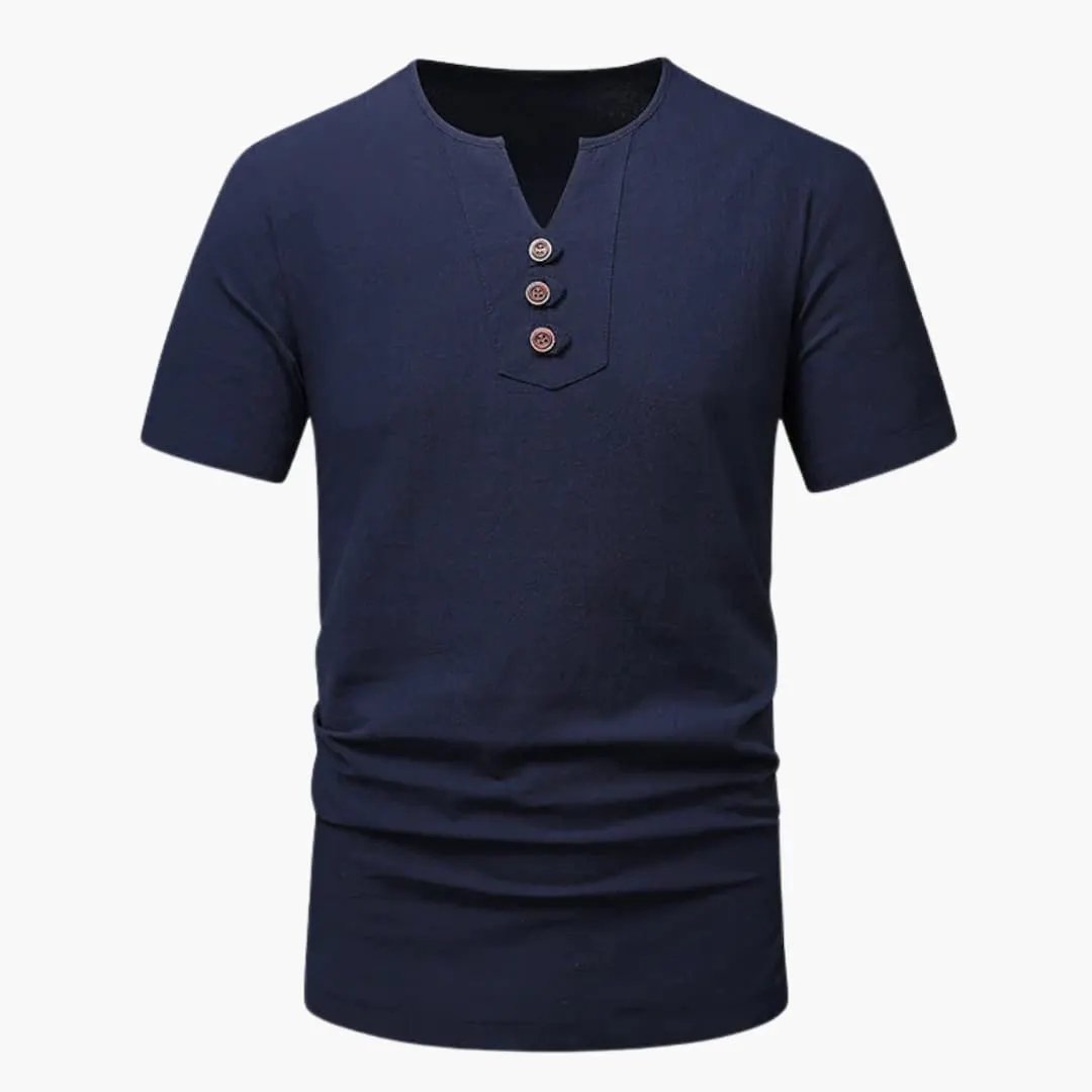 Men’s Three-Button Henley Short Sleeve T-Shirt in navy by Wilfred Smith with 3-button placket