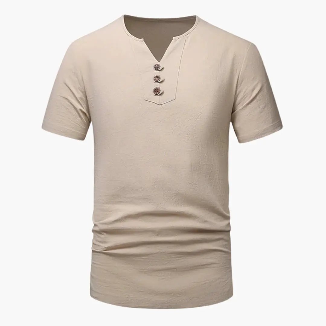 Men's three-button Henley short-sleeve T-shirt in beige