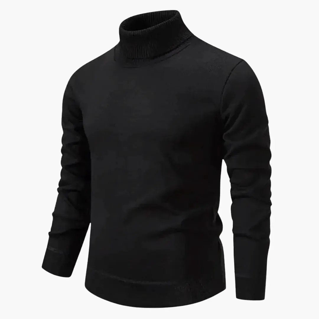 Men's black turtleneck sweater by Wilfred Smith with ribbed neck and hem