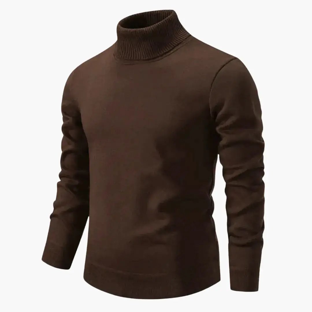 Men's turtleneck sweater in brown with ribbed neck and hem