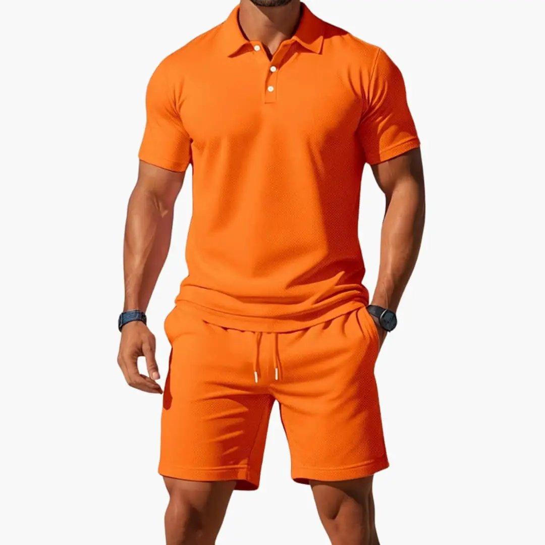 Men’s two-piece orange polo shirt and matching shorts set with drawstring waist.