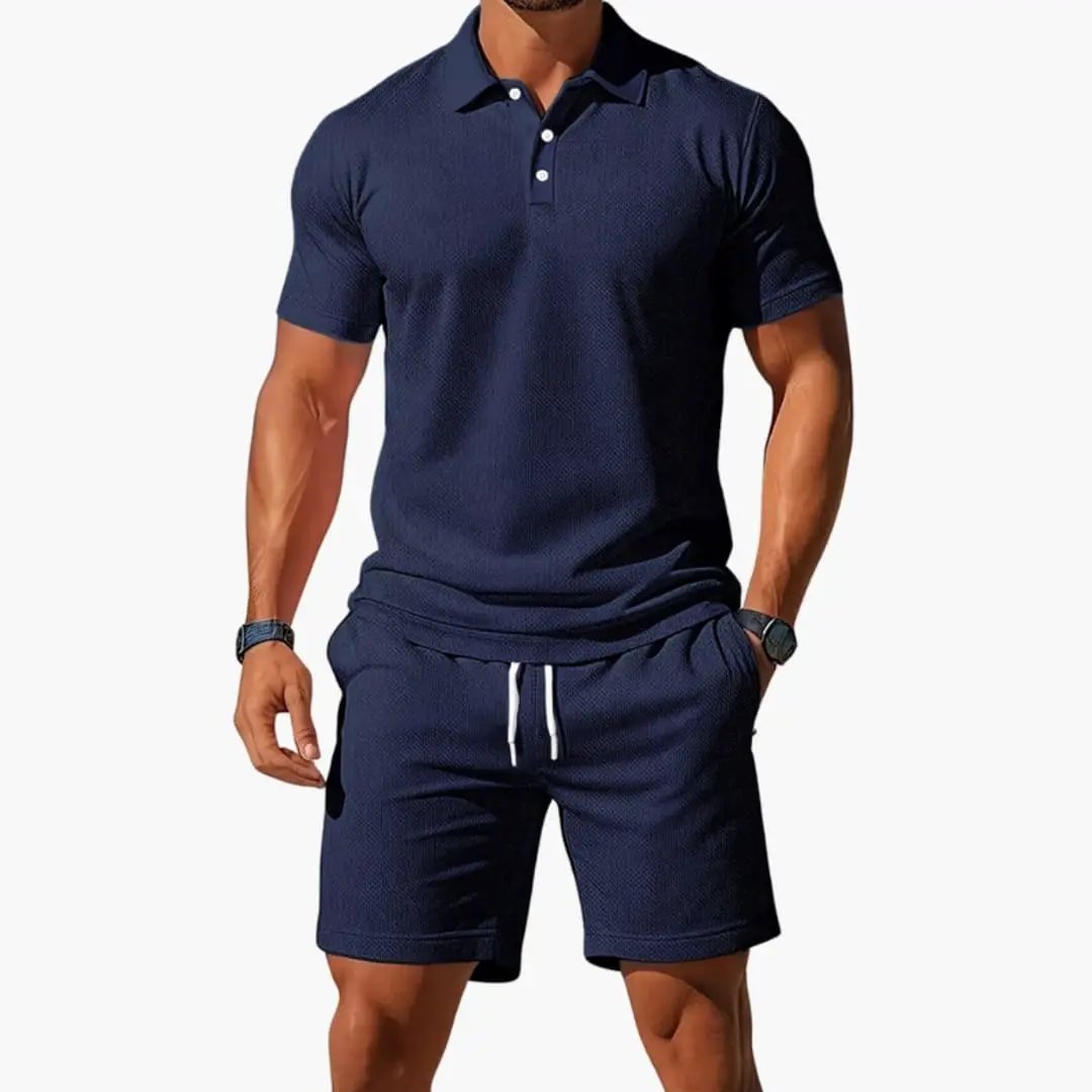 Men’s two-piece navy polo shirt and textured knit shorts set featuring a collared top and drawstring waist
