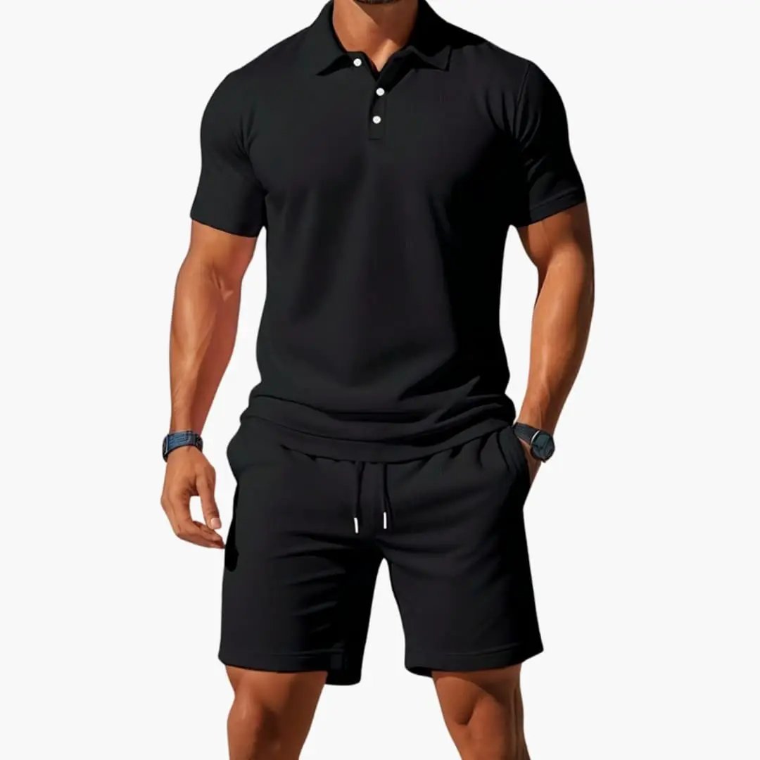 Wilfred Smith Men’s Two-Piece Polo Short Set: black polo shirt and matching black shorts
