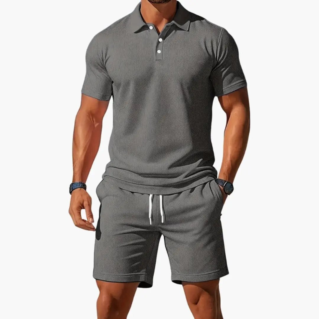 Wilfred Smith Men’s Two-Piece Polo Short Set: grey collared polo shirt with matching drawstring shorts