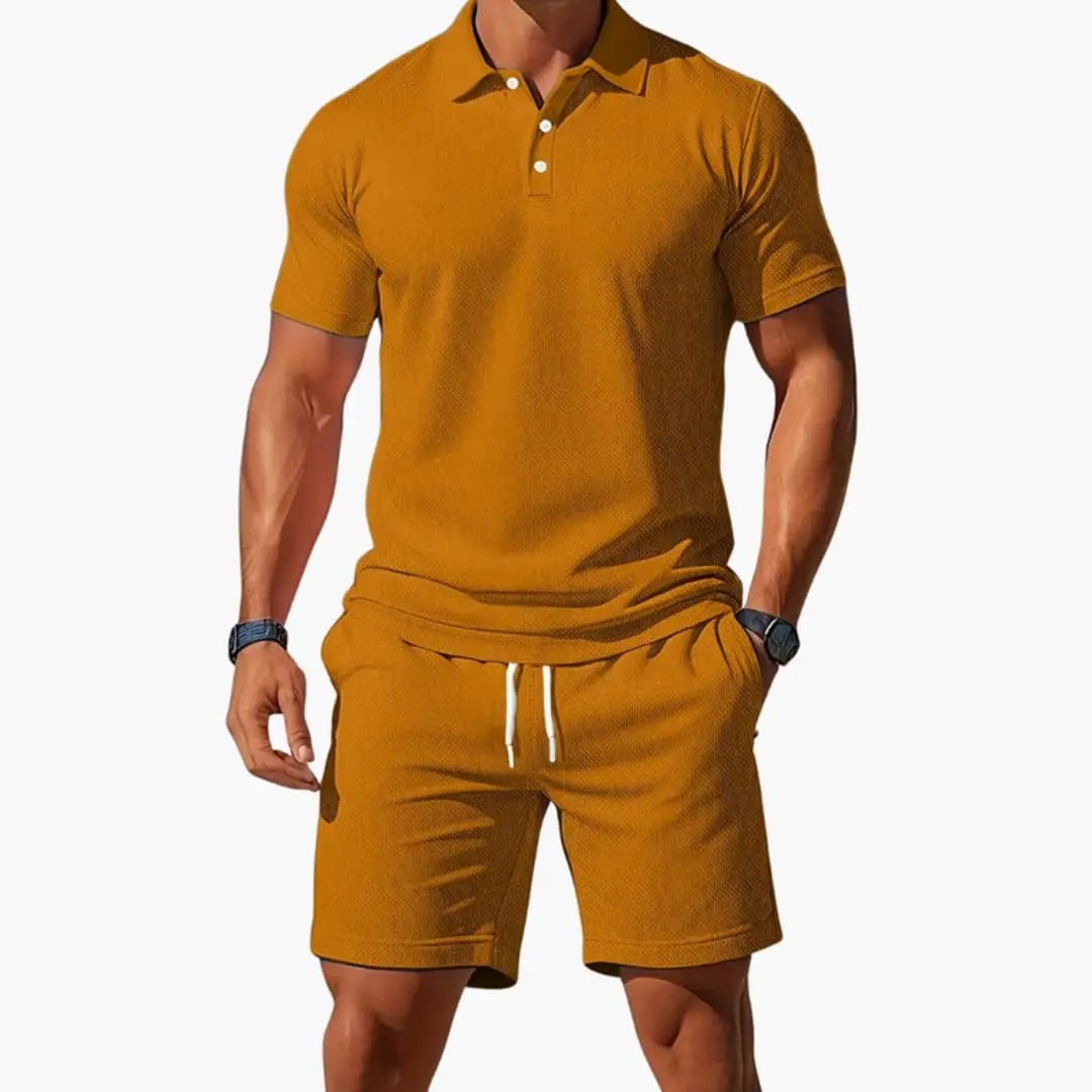 Men’s two-piece polo shirt and shorts set in mustard yellow