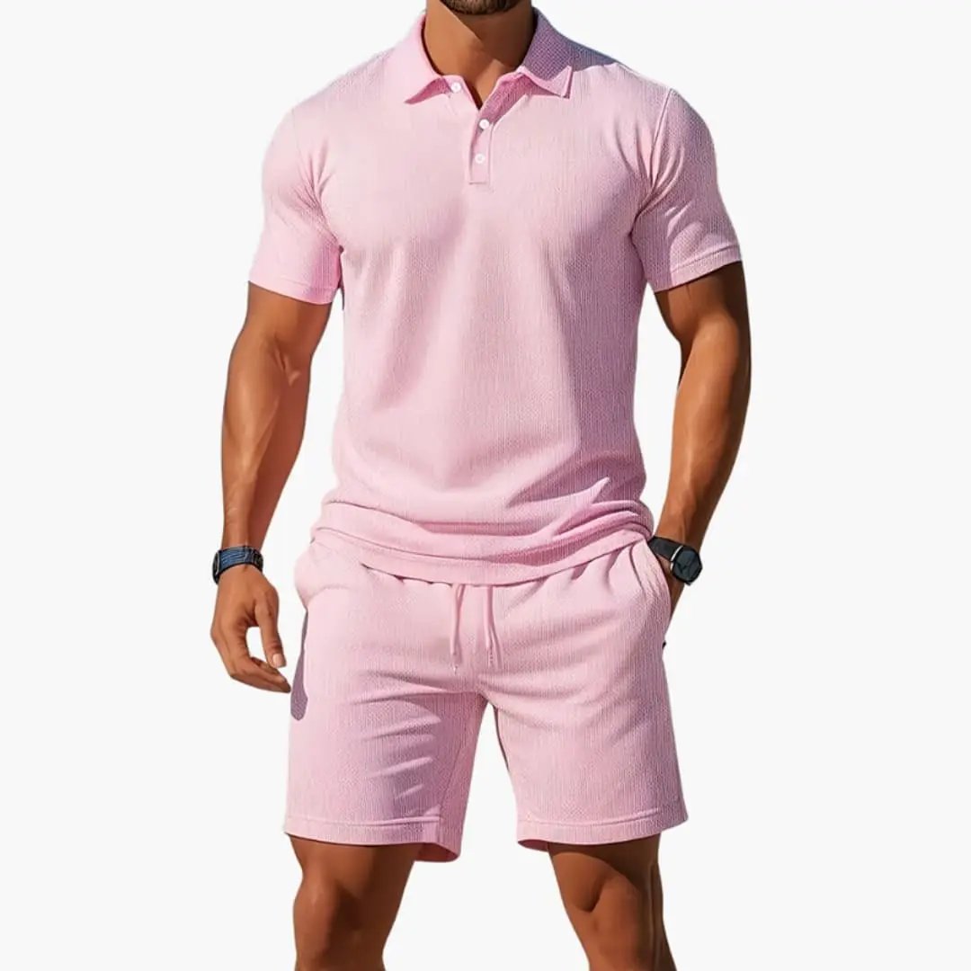 Men’s Two-Piece Polo Short Set in pink with collared shirt and matching shorts