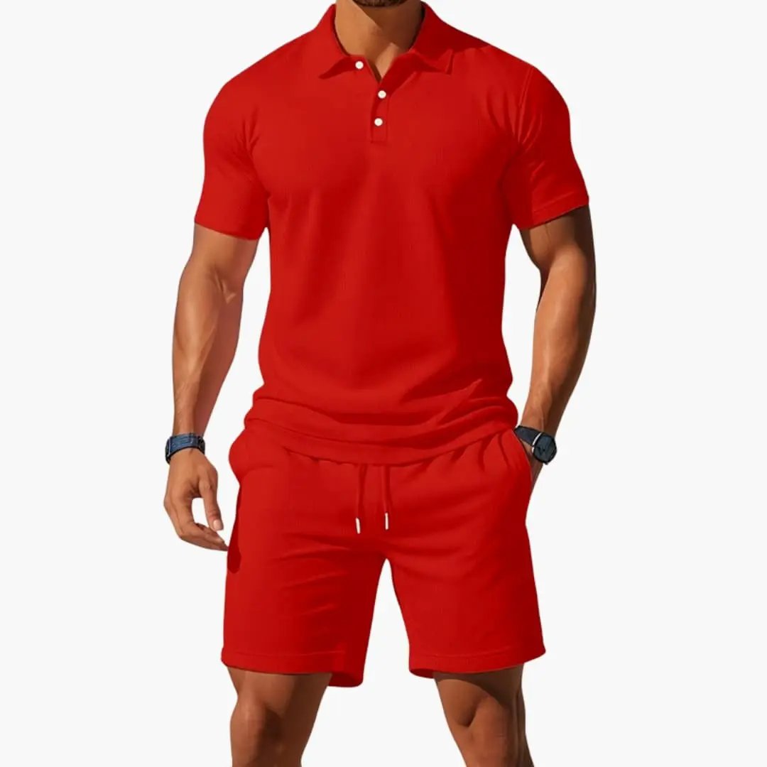 Men’s two-piece polo shirt and shorts set by Wilfred Smith in red