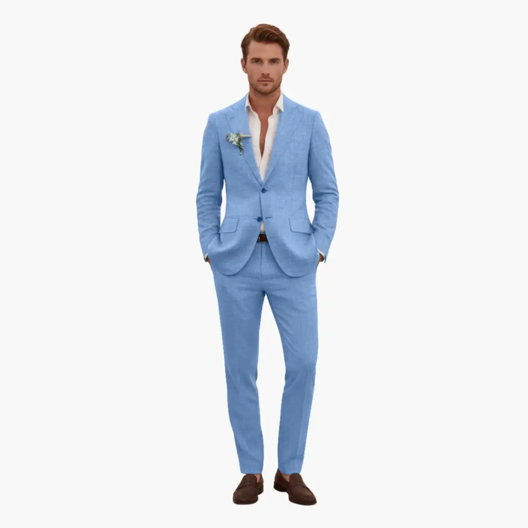 Men's two-piece wedding suit by Wilfred Smith in light blue with notched lapel and button closure