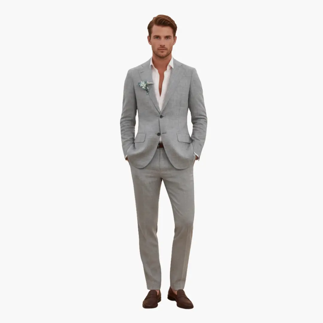 Men's two-piece wedding suit by Wilfred Smith in light gray with notched lapel and button closure.