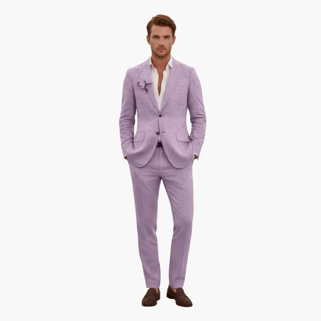 Men's lavender two-piece wedding suit by Wilfred Smith with notched lapel and button closure.