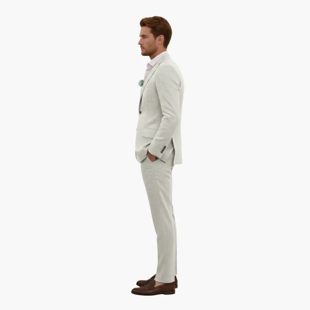 Men's wedding two-piece suit by Wilfred Smith in light beige, notched lapel, button closure.