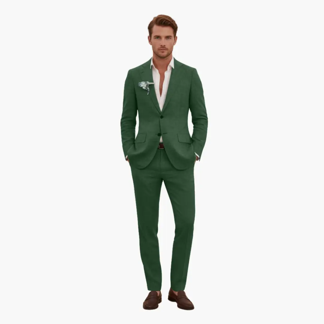 Men's two-piece wedding suit by Wilfred Smith in green, notched lapels, button closure
