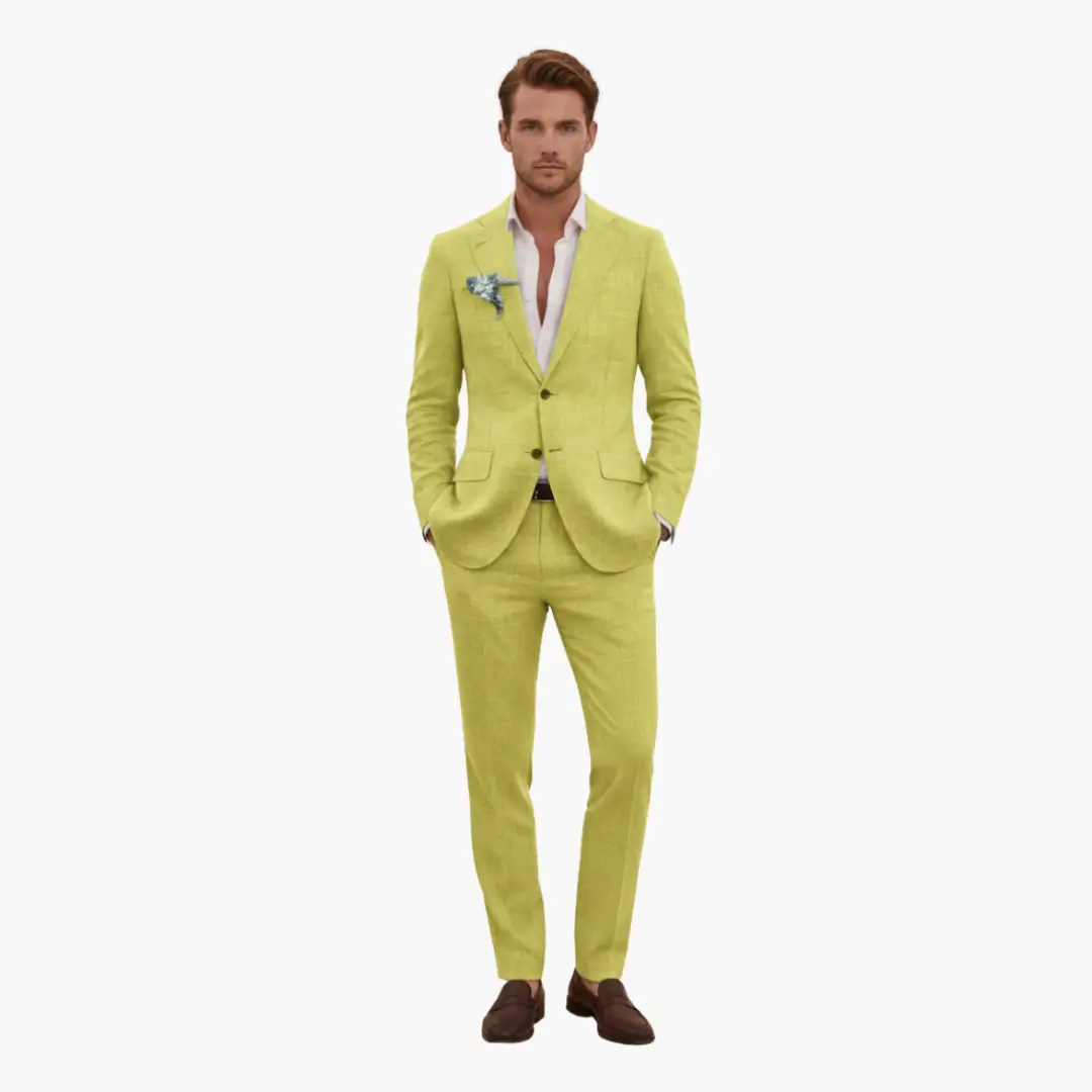 Men's two-piece wedding suit in lime-yellow with notched lapel and button closure.