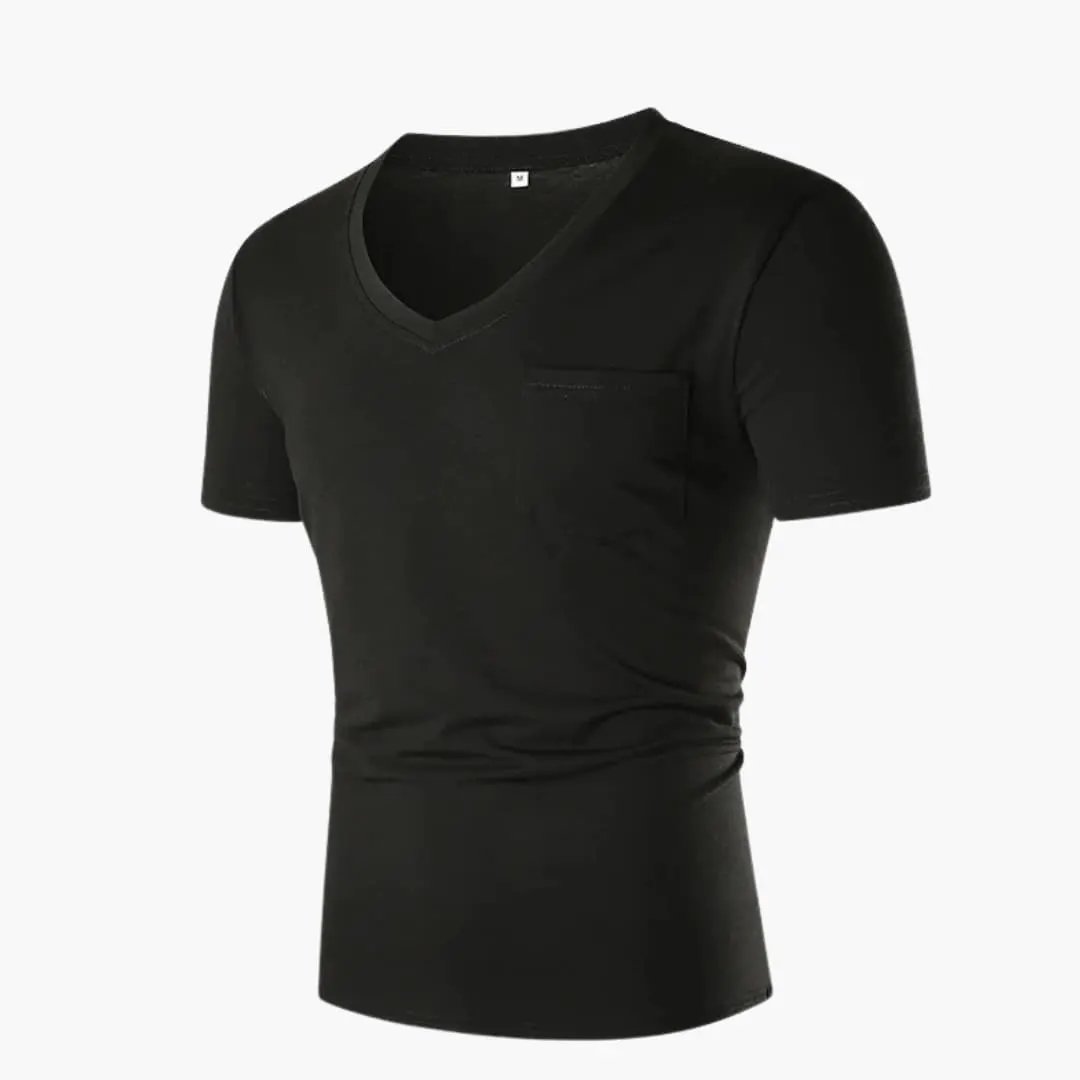 Men’s black V-neck T-shirt with a front chest pocket, short sleeves.