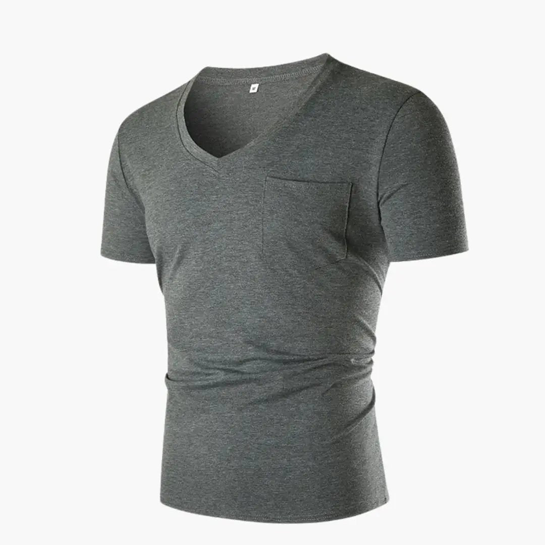 Men’s V-neck short-sleeve T-shirt with front chest pocket by Wilfred Smith in heather gray