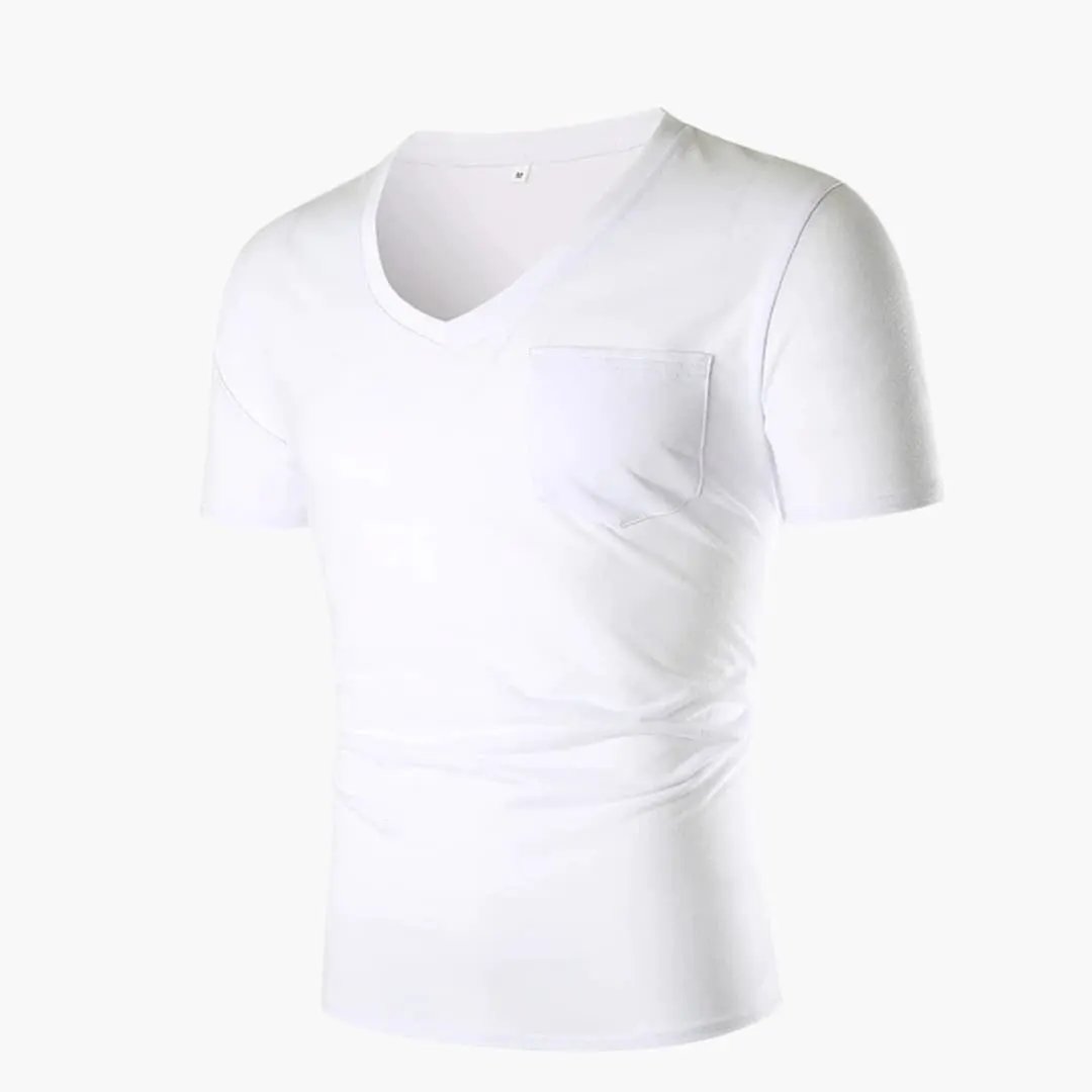Men's V-Neck T-Shirt with Front Chest Pocket, white short-sleeve top by Wilfred Smith