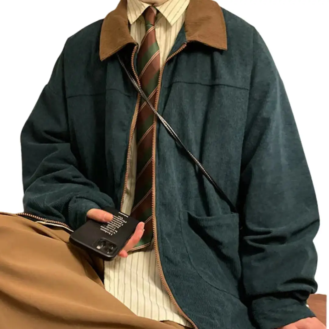 Men’s Vintage Bomber Jacket by Wilfred Smith in dark teal with brown corduroy collar, zip closure and front pockets.