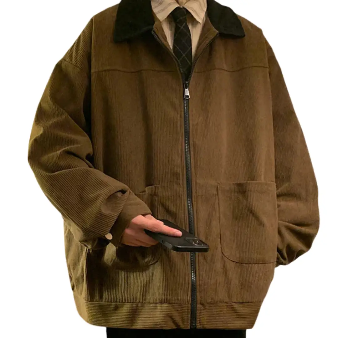 Men’s Vintage Bomber Jacket by Wilfred Smith; brown corduroy with zip closure and front pockets.