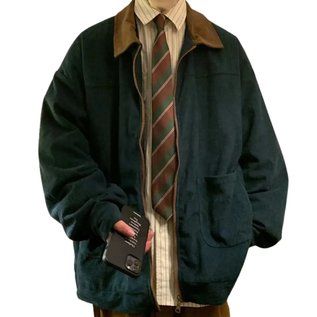 Men's dark green bomber jacket with brown suede collar, zip closure and large front pockets