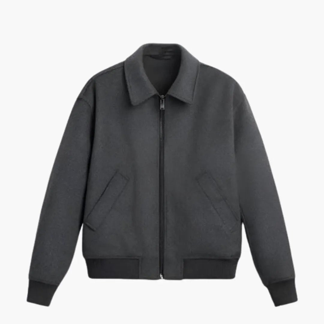Men’s Zip-Up Bomber Jacket in charcoal gray with side pockets by Wilfred Smith