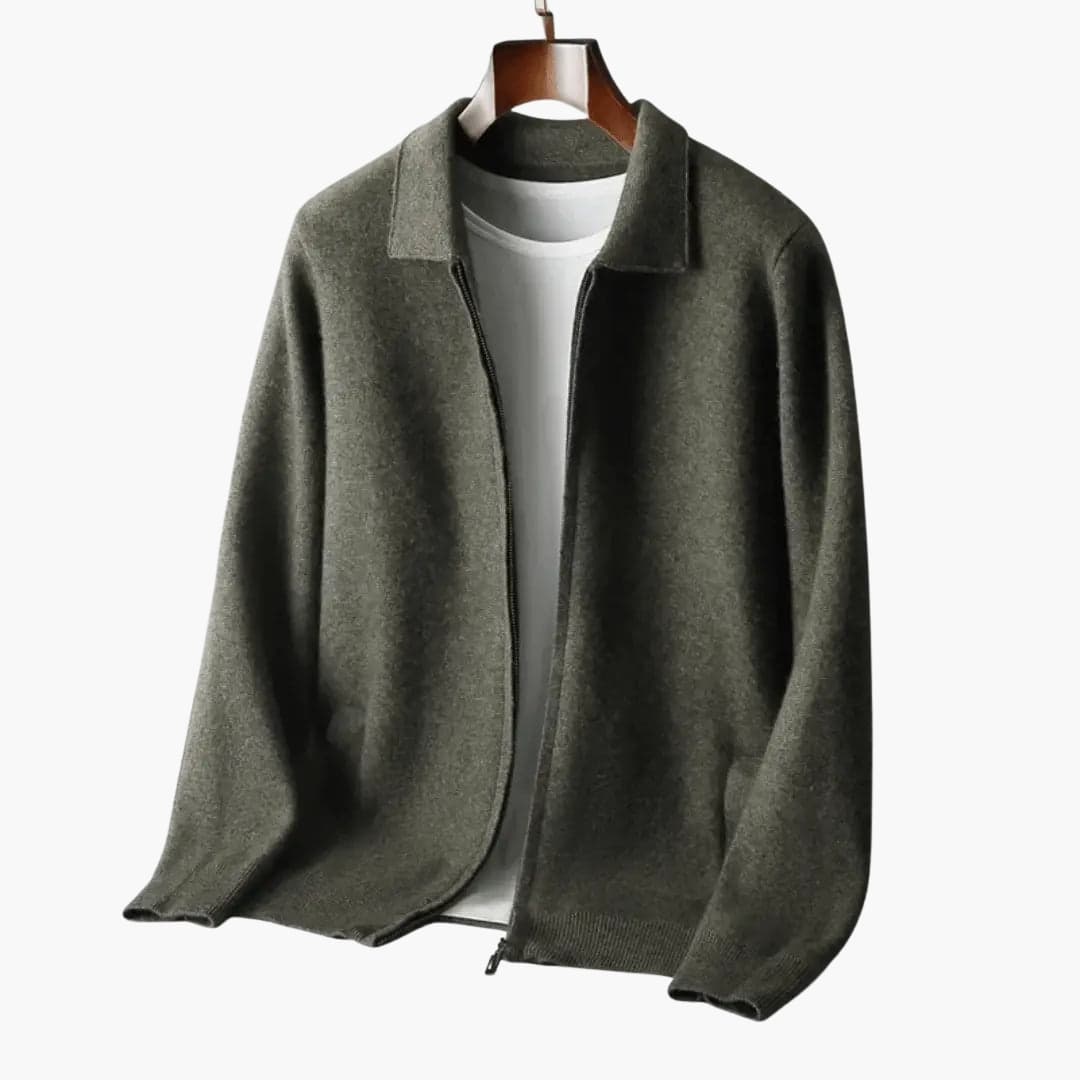 Men’s Zip Cardigan with Turn-Down Collar and Front Pockets by Wilfred Smith in olive-gray knit