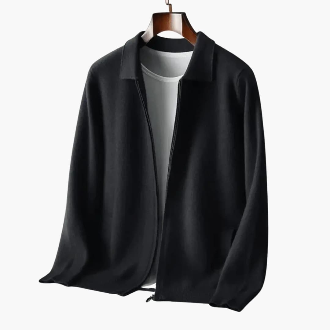 Men's zip cardigan in black with turn-down collar and front pockets.