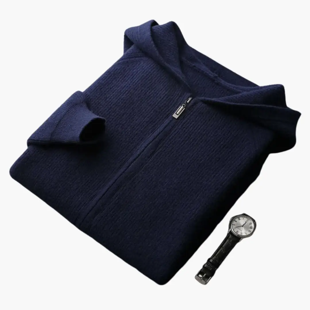 Men’s Zip Hooded Cardigan in navy knit with long sleeves and ribbed hem; two-piece set includes wristwatch.