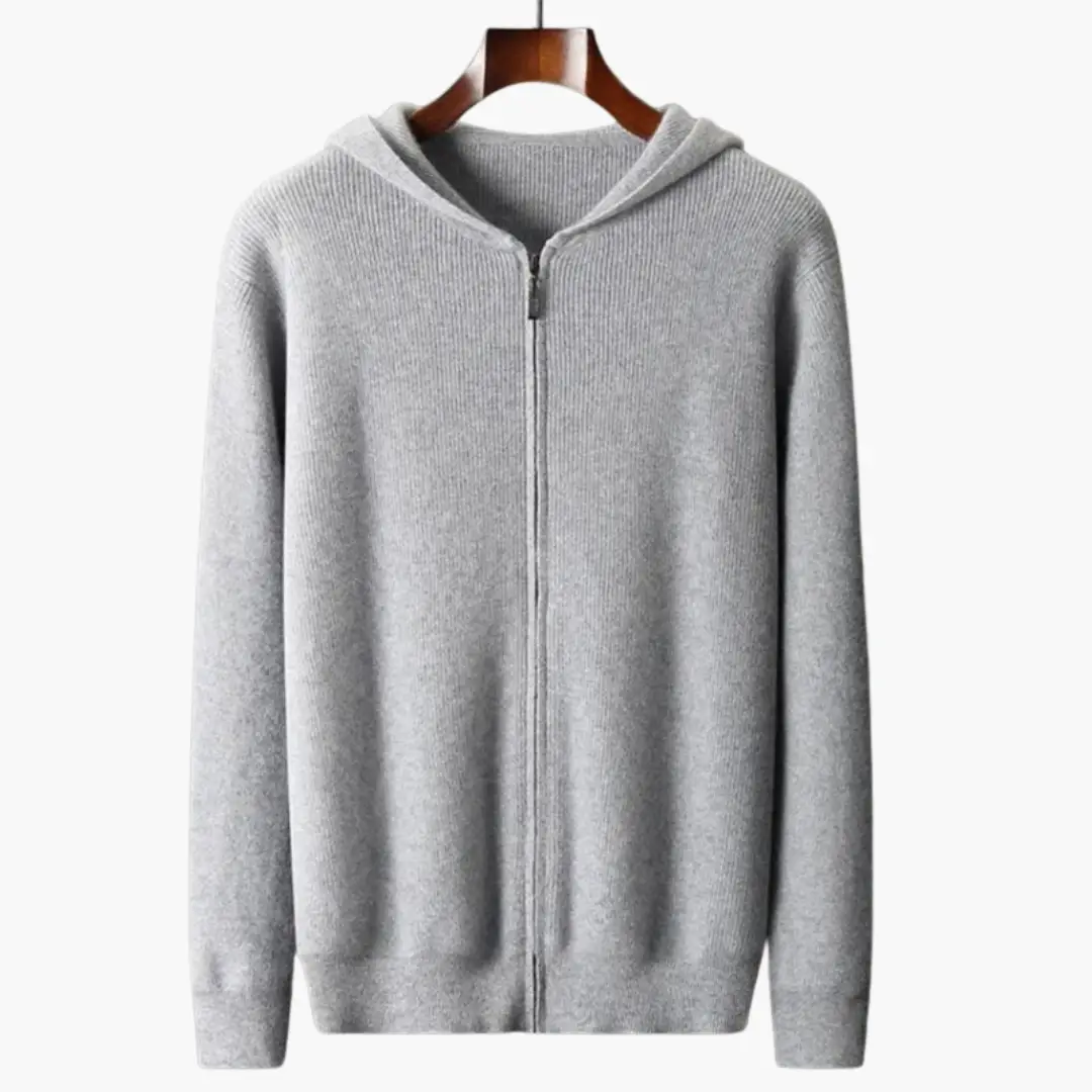 Men’s zip hooded cardigan in gray knit with long sleeves and ribbed hem
