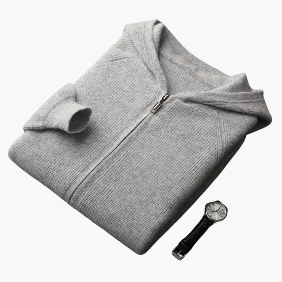Men’s zip hooded cardigan in grey ribbed knit with long sleeves; cardigan and wristwatch (2 items)