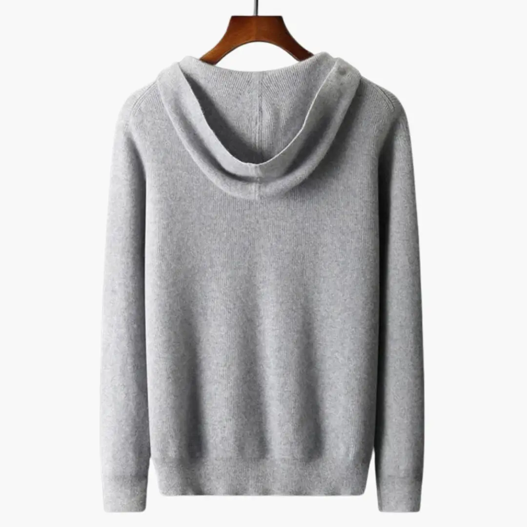 Men's hooded cardigan in gray knit with long sleeves and ribbed hem