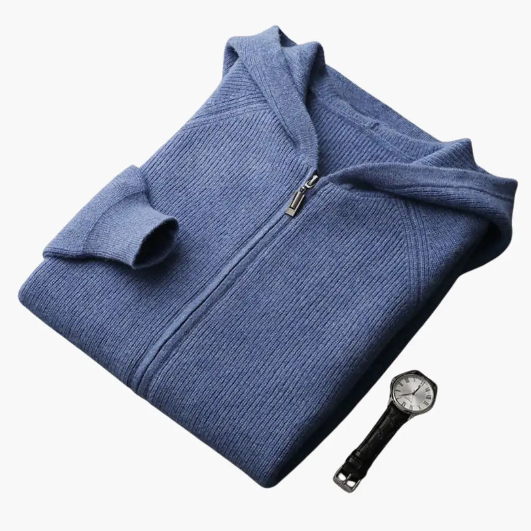 Men's zip hooded cardigan in blue ribbed knit with long sleeves; two-item display with wristwatch.