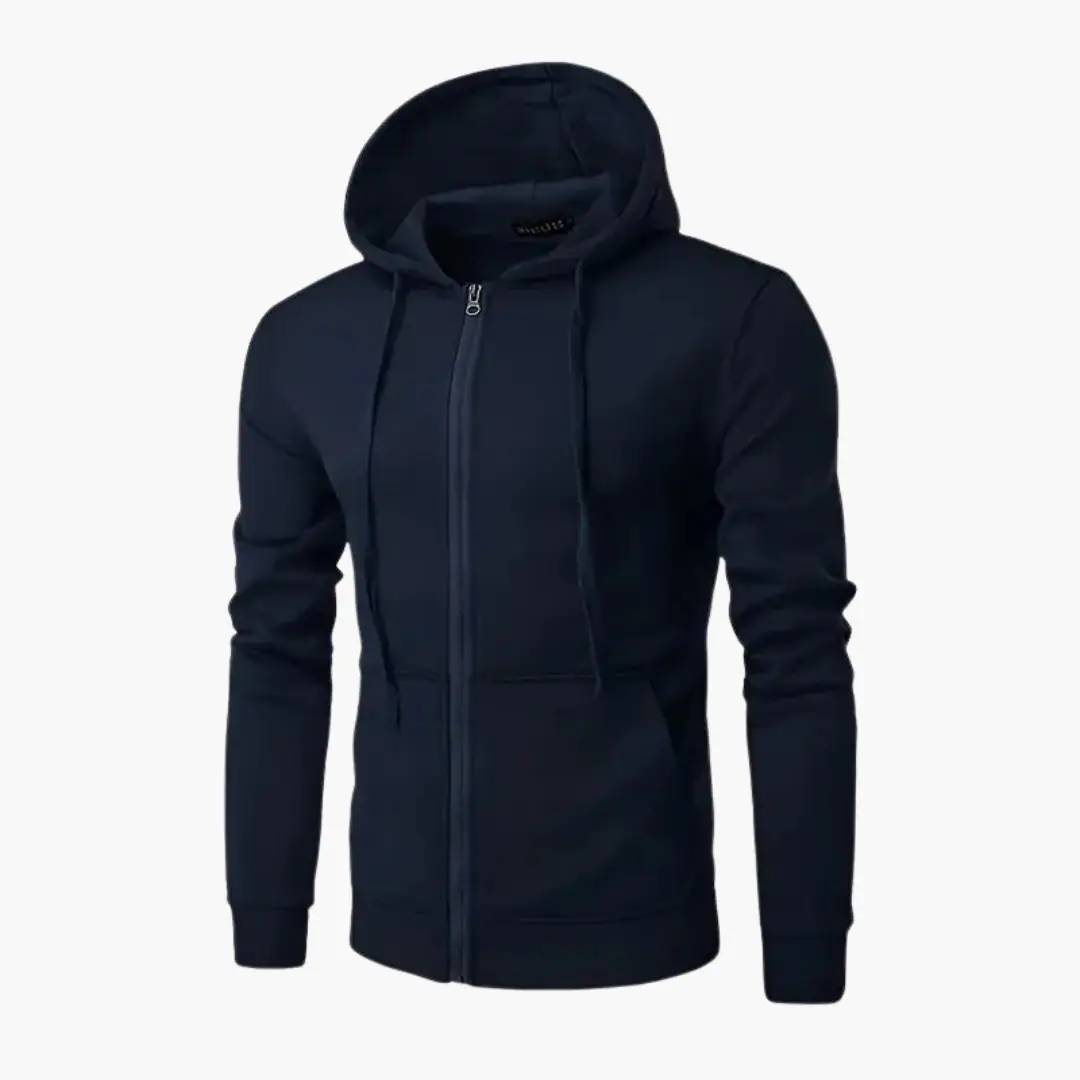 Men’s Zip Hoodie by Wilfred Smith in navy with hood and front pockets.