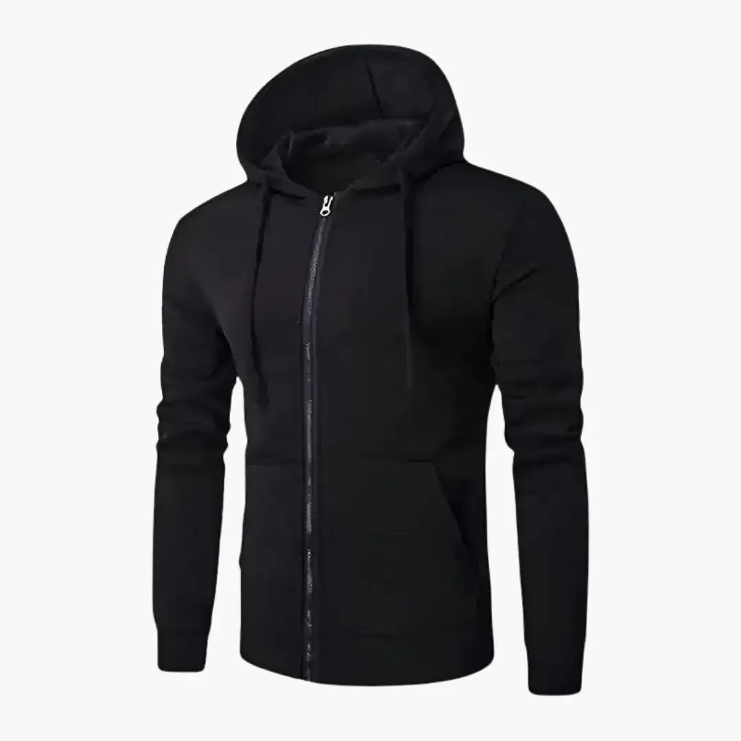 Men’s black zip hoodie with hood and front pockets