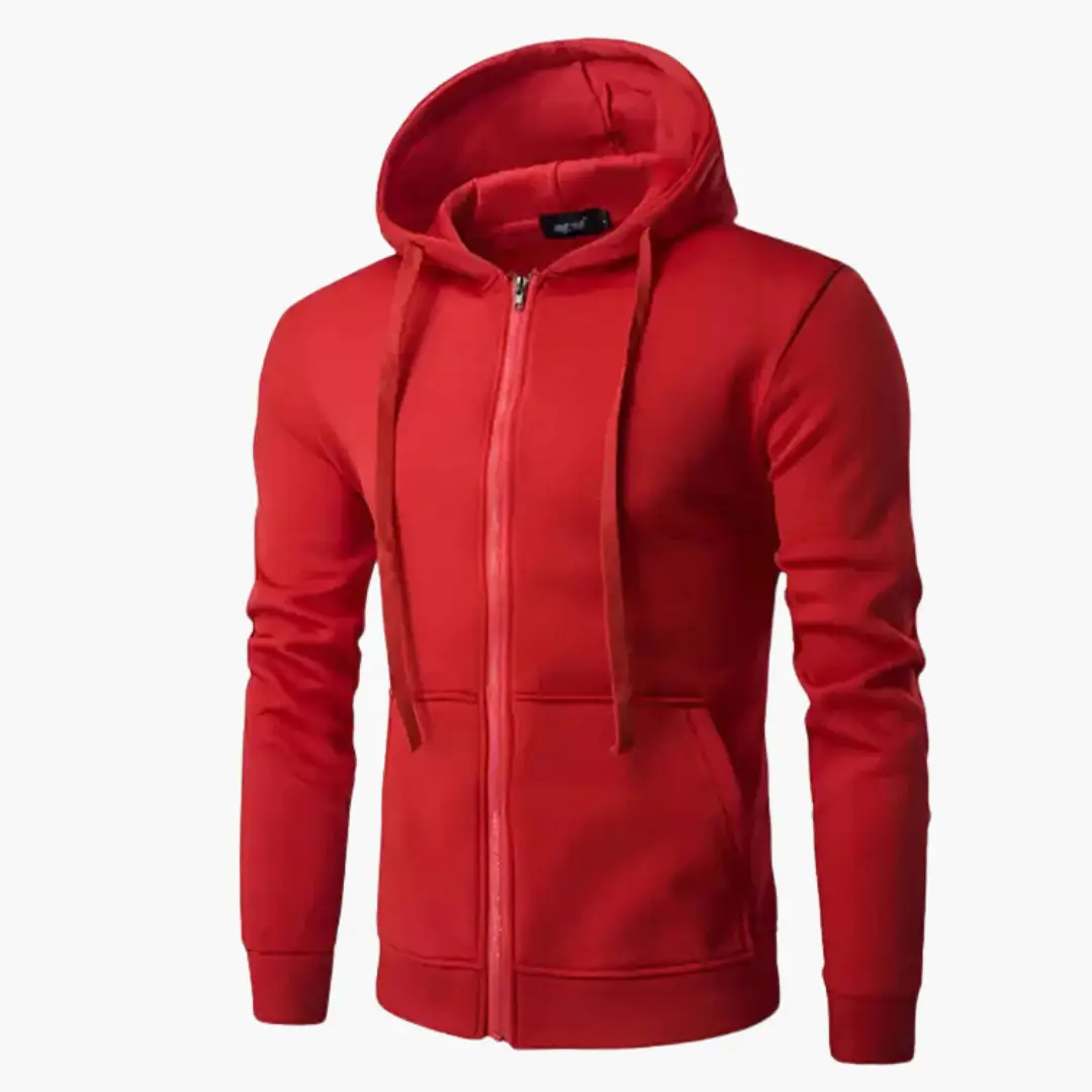 Men’s zip hoodie with hood and front pockets in red, Wilfred Smith