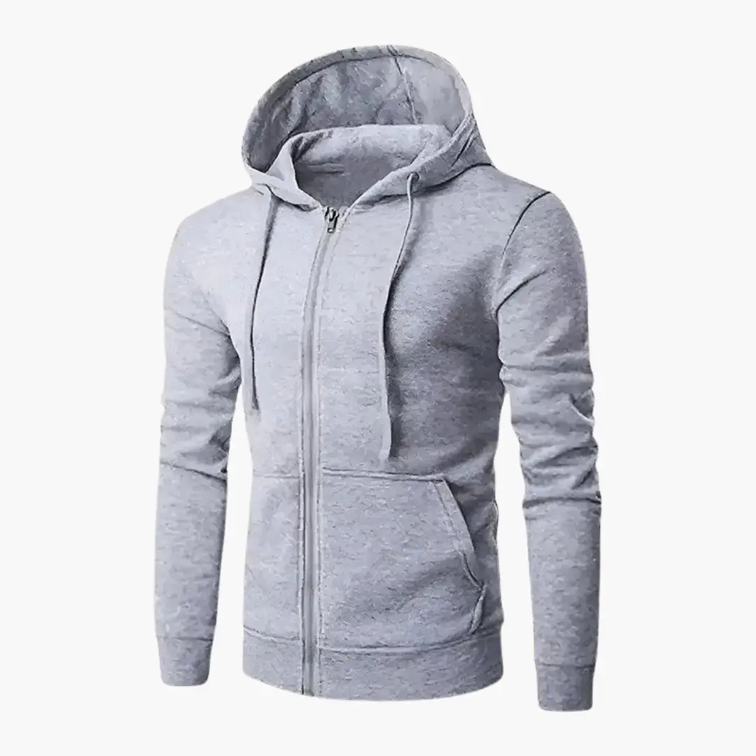Men’s Zip Hoodie by Wilfred Smith in gray with hood and front pockets