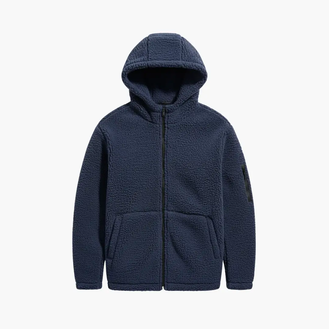 Men’s hooded jacket in navy textured fleece with zip front and two front pockets