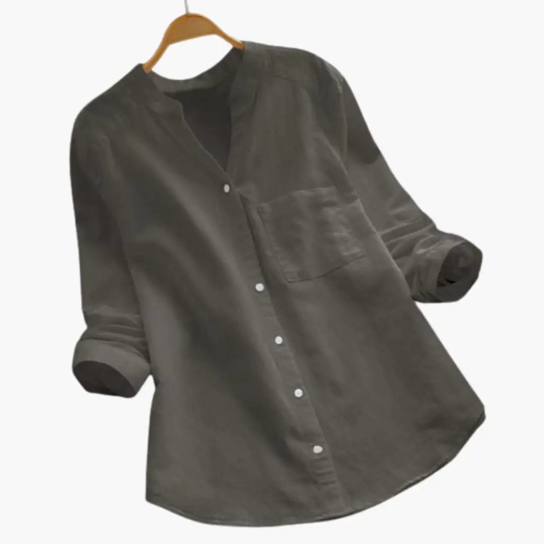 Loose-fitting women's blouse, charcoal gray, long sleeves, stand-up collar, button-down style